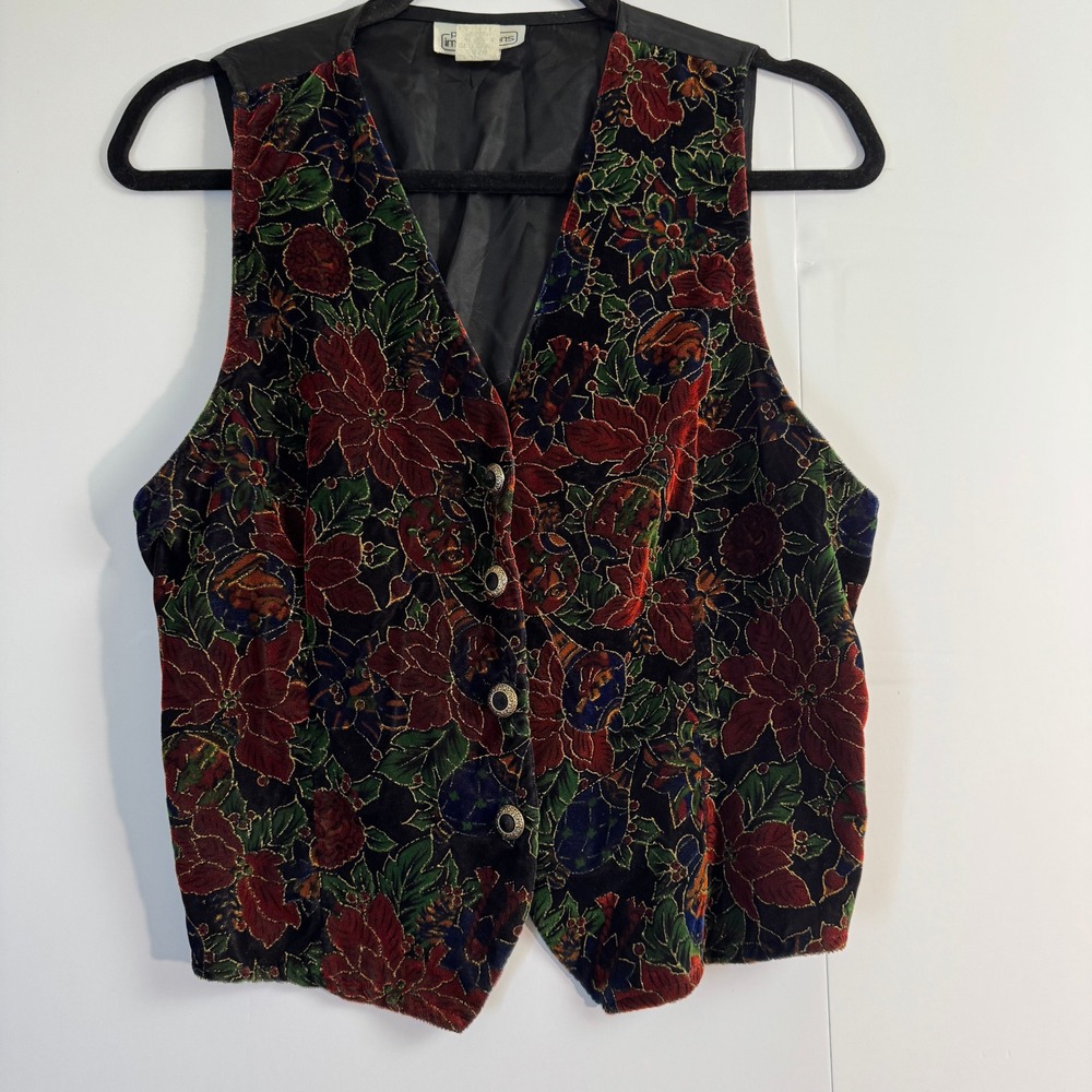 Petite Impressions Vintage Floral Velvet Vest M Red Green Whimsygoth USA